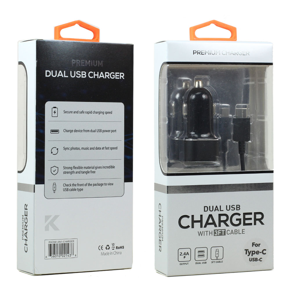 ''USB-C Type C PHONE, Tablet 2.4A Dual 2 Port Car Charger 2in1 with 3FT USB Cable (Car - Black)''''''''''